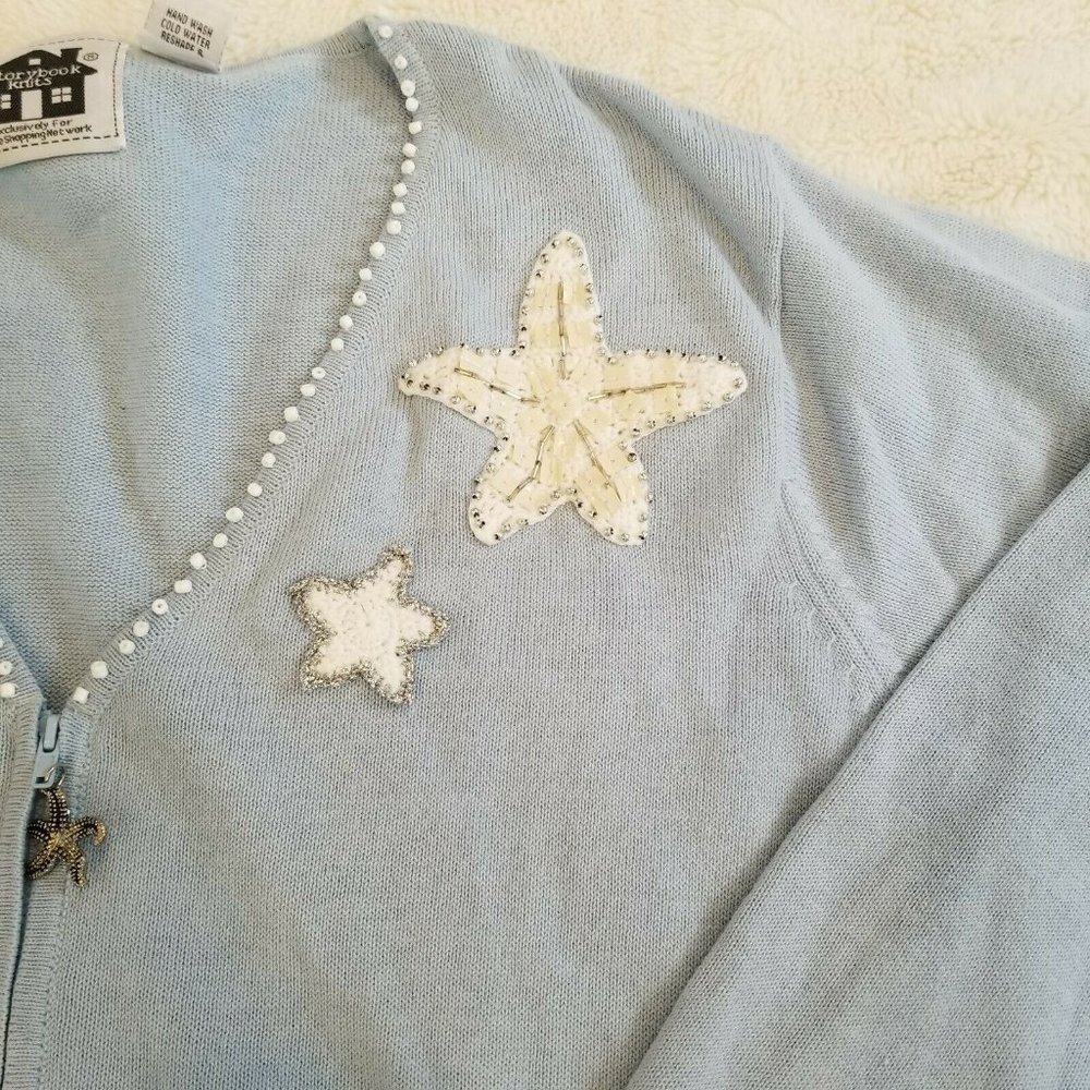 Vintage 90s Light Blue Cardigan Thin Full Zip Embellished Stars Nautical Sz L - Picture 2 of 10